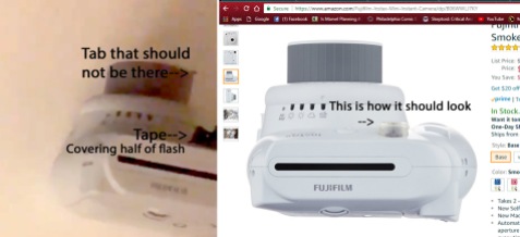 On the left is a screen capture from the second video, showing a tab coming off the lens that should not be there. It also shows the obvious tape over the flash. On the right, is top view of what the camera SHOULD look like.